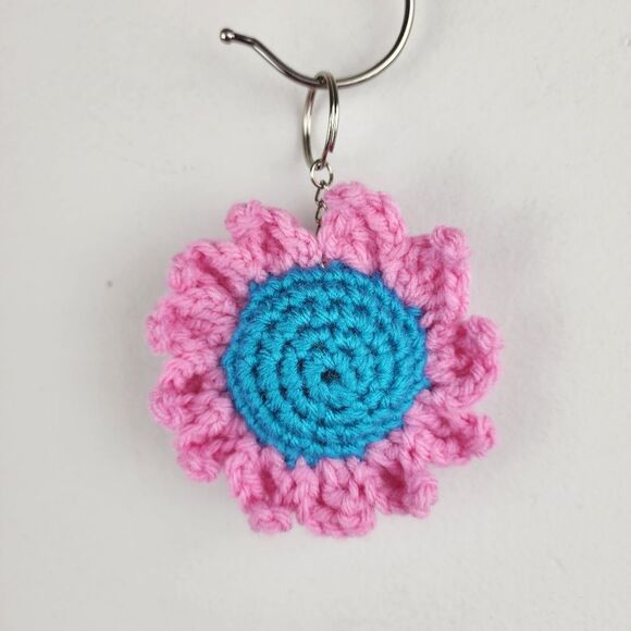New Crochet Light Blue Pink Flower Keychain Handmade Handcrafted - Picture 5 of 5